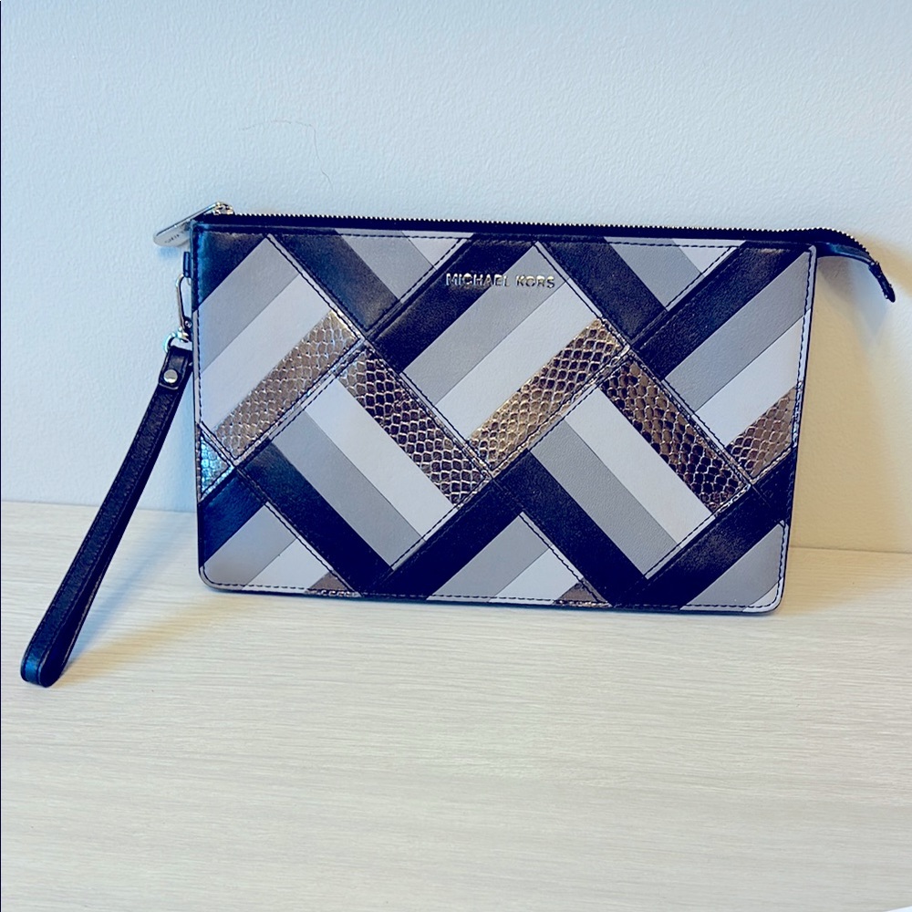 Michael Kors Daniela marquertry Black and Brown Patterned Wristlet and silver